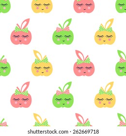 Seamless pattern with smiling sleeping apple for kids holidays. Cute baby shower vector background. Child drawing style.