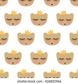 Seamless pattern with smiling sleeping bears with crowns for kids holidays. Baby shower vector background. Child drawing style teddy bears on white background. Cute design for print on baby's clothes.