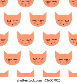 Seamless pattern with smiling sleeping cats for kids holidays. Cute baby shower vector background. Child drawing style kitty design for print on baby's clothes, textile, wallpaper, fabric.