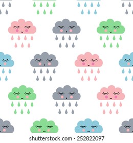 Seamless pattern with smiling sleeping clouds for kids holidays. Cute baby shower vector background. Child drawing style rainy clouds seamless vector pattern.