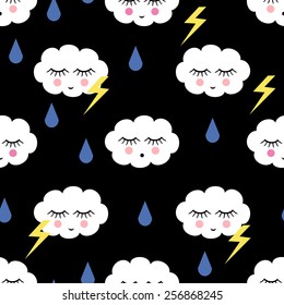 Seamless pattern with smiling sleeping clouds, drops and lightning for kids holidays. Cute baby shower vector background. Child drawing style.