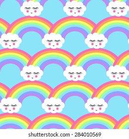 Seamless pattern with smiling sleeping clouds and rainbows for kids holidays, textiles, interior design, book design, websites. Cute baby shower vector background. Child drawing style.