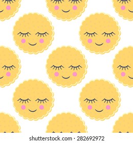 Seamless pattern with smiling sleeping cookies for kids holidays. Cute baby shower vector background. Child drawing style.