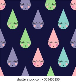 Seamless pattern with smiling sleeping drops for kids holidays. Cute baby shower vector illustration on dark blue background. 