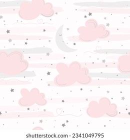 Seamless pattern with smiling sleeping moon, hearts, stars and clouds in pale pastel colors. Vector illustration  for nursery room decoration and baby textile.