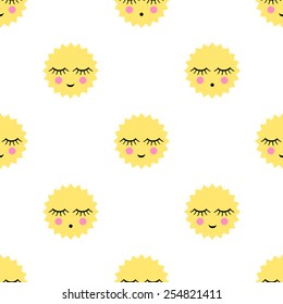 Seamless pattern with smiling sleeping suns for kids holidays. Cute baby shower vector background. Child drawing style.