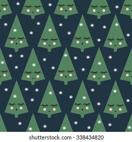 Seamless pattern with smiling sleeping xmas trees and snowflakes. Happy New Year background. Vector design for winter holidays on dark blue background. Child drawing style winter trees.