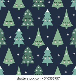 Seamless pattern with smiling sleeping xmas trees and snowflakes. Happy new year background. Child drawing style night winter forest. Cute winter design for winter holidays on dark blue background.