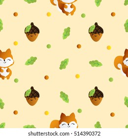seamless pattern with smiling squirrel with acorns and oak leaves on a light beige background 