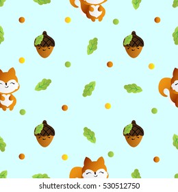 seamless pattern with smiling squirrel with acorns and oak leaves on a turquoise background 