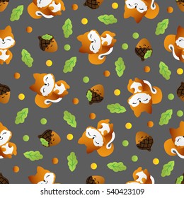 seamless pattern with smiling squirrel with acorns and oak leaves on a dark gray background 