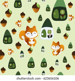 seamless pattern with smiling squirrel with acorns and fairy houses on a light green background