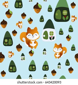 seamless pattern with smiling squirrel with acorns and fairy houses on a light blue background