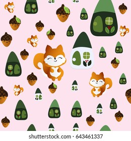 seamless pattern with smiling squirrel with acorns and fairy houses on a light pink background