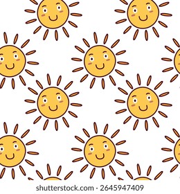Seamless pattern with smiling sun faces and dotted symmetrical rays in yellow style, joyful repeating background
