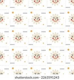 Patrón sin foco de un sol sonriente para Maslenitsa sobre un fondo blanco. Las tradiciones rusas. Ilustración vectorial para fondos, postales, embalaje