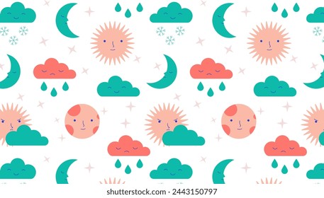 Seamless pattern with smiling sun, moon, stars, and clouds Baby room decoration and textile design. Weather patterns illustration.	