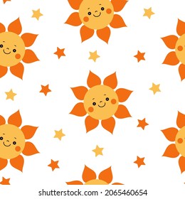 Patrón sin foco con sol sonriente y estrellas. Vector 