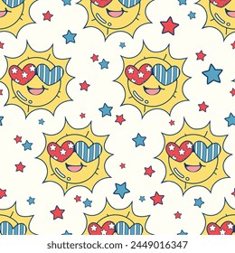 Seamless pattern of smiling sun wearing sunglasses, This illustration has an American Independence Day theme. Pattern for fabric and wrapping paper, design wallpaper and fashion prints.