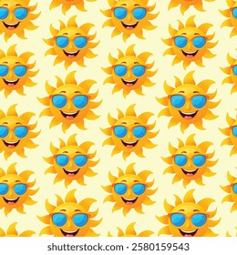 Seamless pattern with a smiling sun wearing sunglasses flat vector illustration