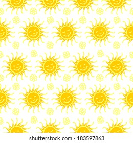 Seamless pattern with smiling suns and flowers
