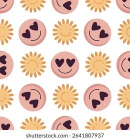 Seamless pattern with smiling suns and heart eyes emoticons on white background. Cute emoticon design for kids, fabric, wallpaper. Emoticon pattern in modern flat style. Emoji repeated.