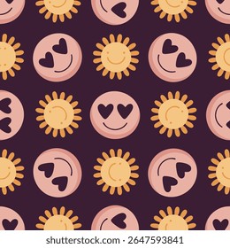 Seamless pattern with smiling suns and heart eyes emoticons on black background. Cute emoticon design for kids, fabric, wallpaper. Emoticon pattern in modern flat style. Emoji repeated.