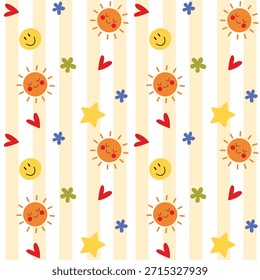 Patrón sin fisuras con soles sonrientes, corazones, estrellas, Elementos juguetones. Fondo de rayas brillantes de los niños