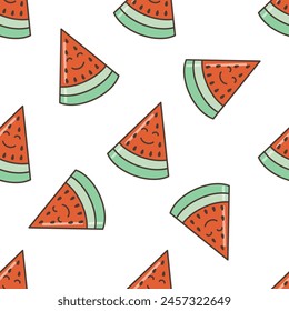 Seamless pattern of smiling watermelon slice. Illustration in cartoon style. 70s retro clipart vector design.
