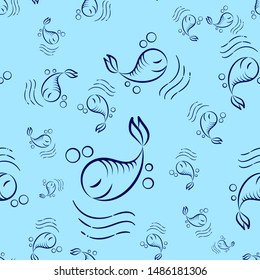 Seamless pattern with a smiling whale and geometric decorative elements. Vector illustration with sea animal on a blue background. Monochronous outline drawing. Package design.