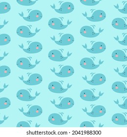 Seamless pattern with smiling whales. Design for fabric and paper, surface textures.