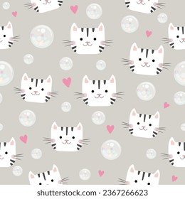 seamless pattern of smiling white  cat  black  stripes,  transparent balls with mini colorful balls inside and pink heart  on gray background , vector , illustration