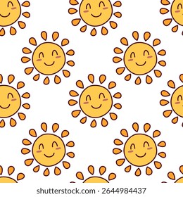 Seamless pattern with smiling yellow sun characters, dotted rays and blushing cheeks in joyful hand-drawn style