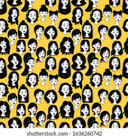 Seamless pattern with smiling young girls in outline on a yellow background. Women with different hairstyles and long hair. Stock vector illustration for decoration and design, fabrics, web pages