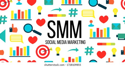 Patrón sin foco de pecado y símbolo. Icono de marketing en medios sociales - respuesta, corazón, me gusta, flecha, signo de libra, seguidor, cuerno - sobre fondo blanco.  Ilustración ligera en estilo plano y garabato.
