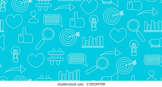 Seamless pattern of smm sin and simbol. Social media marketing icon - reply, heart, like, arrow,  pound sign, follower, horn - on white background.  Cute illustration in flat and doodle style.