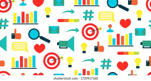 Seamless pattern of smm sin and simbol. Social media marketing icon - reply, heart, like, arrow,  pound sign, follower, horn - on white background.  Cute illustration in flat and doodle style.