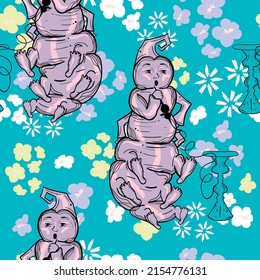 Seamless pattern with smoking caterpillar from Alice in wonderland fairy tale at floral background. 