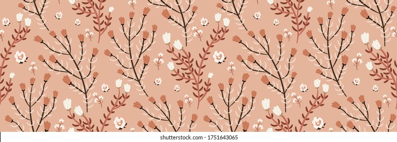 Seamless pattern with smoky pink, white flowers on a trendy pastel background. Sophisticated floral print. Template for fashion design, fabrics, covers... Vector illustration in a hand-drawn style.