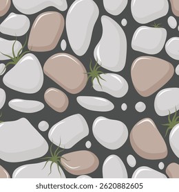 Seamless pattern with smooth white and beige stones of various shapes and sizes scattered on a dark gray background. Small green plants grow between some of the stones.