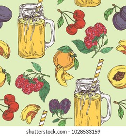 Seamless pattern with smoothie, berries and fruits: cherry, plum, peach and strawberry. Vector hand drawn illustration.