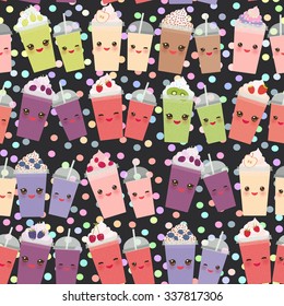  seamless pattern, smoothie blueberry raspberry strawberry kiwi apple blackberry cherry chocolate coffee cranberries grapes plastic cup with straw and whipped cream on black background. Vector