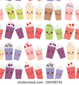  seamless pattern, smoothie blueberry raspberry strawberry kiwi apple blackberry cherry chocolate coffee cranberries grapes transparent cup with straw and whipped cream on white background. Vector