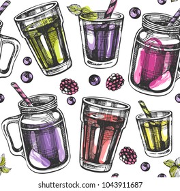 Seamless pattern with smoothie cup on the white background