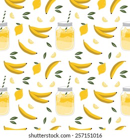 Seamless pattern with smoothie and fruits. Vector hand drawn illustration. Used for kitchen, cafe stuff, wallpaper, pattern fills, web page background, surface textures.