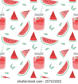 Seamless pattern with smoothie and fruits. Vector hand drawn illustration. Used for kitchen, cafe stuff, wallpaper, pattern fills, web page background, surface textures.