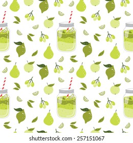 Nahtloses Muster mit Smoothie und Früchten. Vektorillustration handgezeichnet. Verwendet für Küche, Café-Zeug, Tapete, Muster Füllungen, Web-Hintergrund, Oberflächenstruktur.