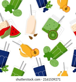 seamless pattern smoothie glass nutrition healthy spinach kiwi almond milk watermelon blueberry banana peach
