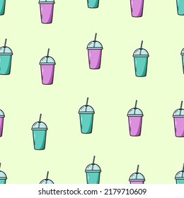 Seamless pattern Smoothie to go take away or freshly squeezed juice, a glass with a lid and a straw. Doodle vector illustration drink