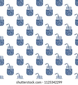 Seamless pattern with smoothie in jars and tubes. Healthy eating habits. Easy cooking process.